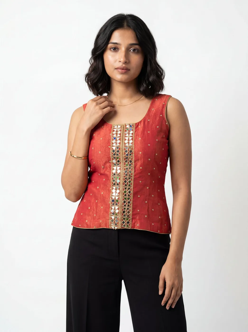 AI model shoot output wearing a red embellished top