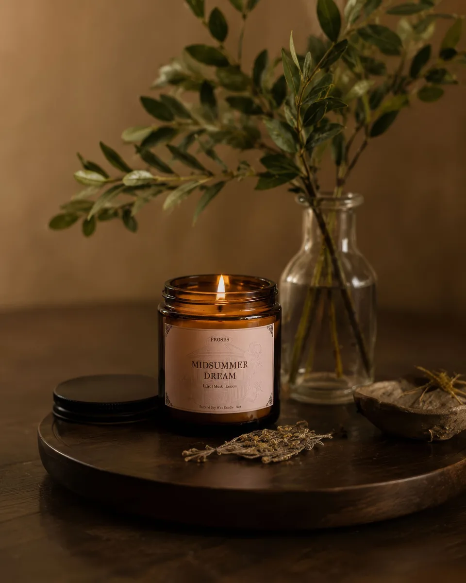 Lit Midsummer Dream candle styled on a wooden tray with greenery