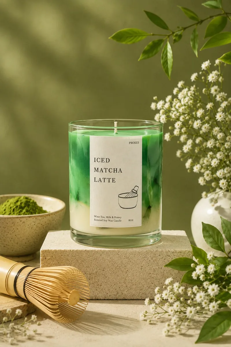 Styled matcha candle product creative with flowers and props