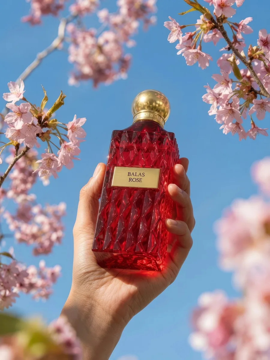 Perfume bottle product creative with cherry blossoms and blue sky