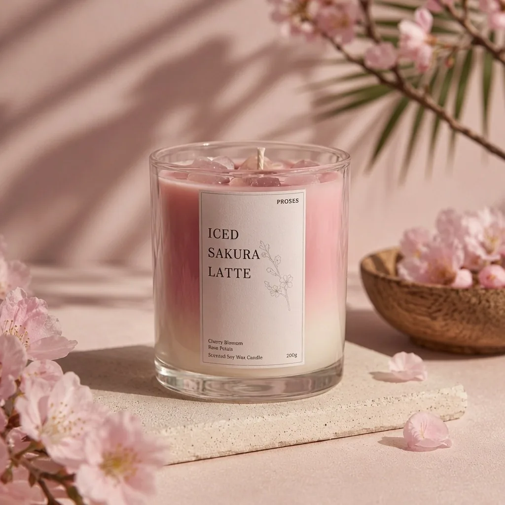Sakura candle product creative on a pink floral set