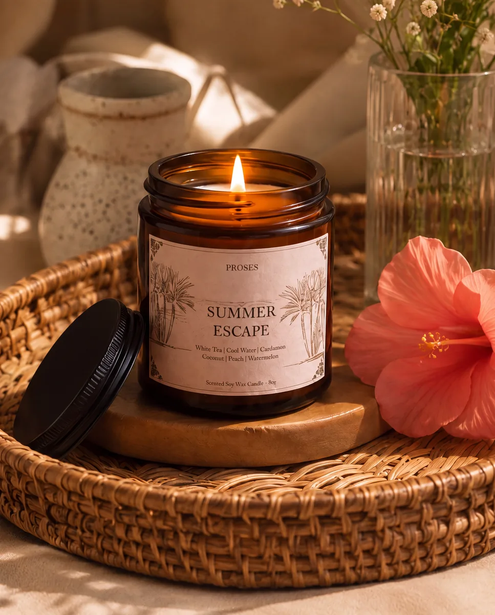 Summer Escape soy wax candle styled on a rattan tray with a hibiscus flower